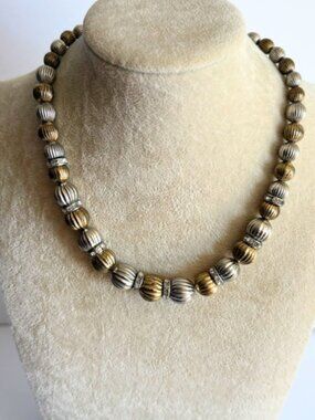 Silver and Gold Tone Ribbed Beaded Necklace Two Tone Statement 16” Vintage Style